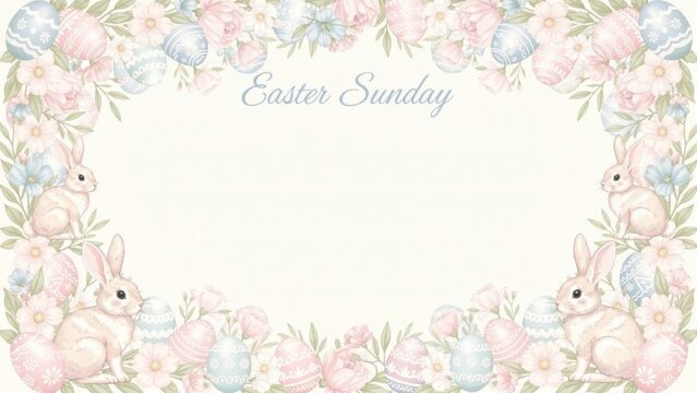 Easter Sunday Frame with Rabbits and Flowers