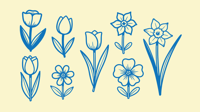 Set of blue outlines of spring flowers, illustrations of tulips and daffodils.