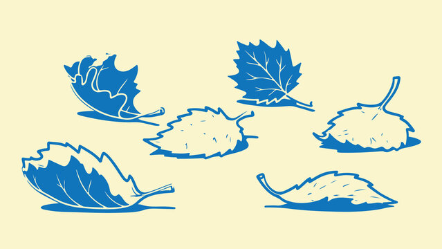 Set of blue outlines of fallen tree leaves with shadows, illustrations of autumn foliage.