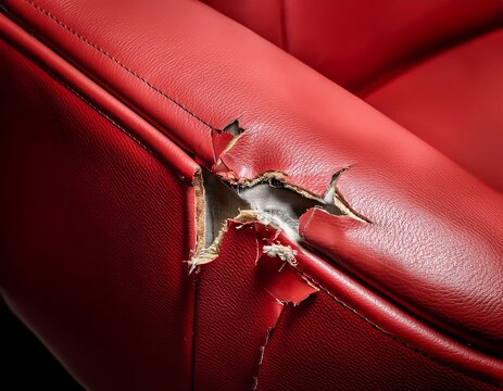 close up of a torn red leather seat showing damage and wear perfect for repair concepts