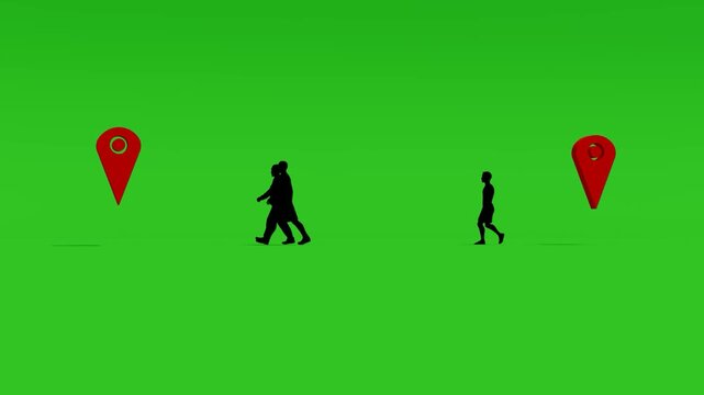 A minimalist 3D animation showing black silhouettes of several pedestrians walking back and forth between two red map pins. This sequence is ideal for urban mobility presentations