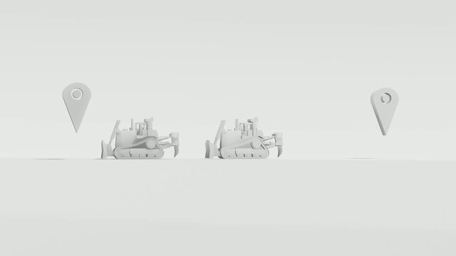 Bulldozer animation driving back and forth between location pin markers on minimalist white background