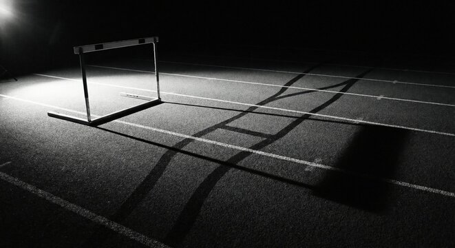 Dramatic steeplechase hurdle shadow on racetrack at night, empty stadium, competition preparation