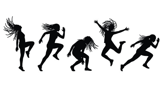 Black vector illustration showing active women with dreadlocks in various dynamic poses and energetic motions
