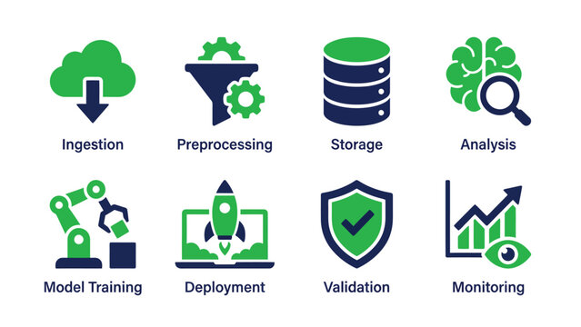 Data science and machine learning process icons set, illustrating ingestion, preprocessing, storage, analysis, model training, deployment, validation, and monitoring stages.