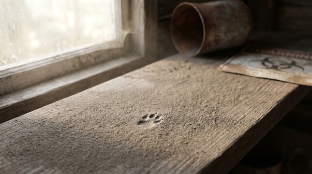 Paw print on dusty wooden table with old cup and magazine  