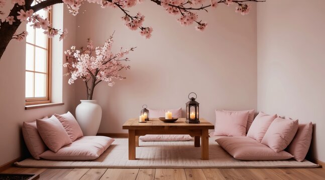 Relaxing room with cherry blossoms, floor cushions, and wooden table. Cozy space with lanterns and candles offers peaceful ambiance for meditation or tea. Natural light streams in.