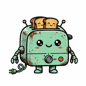 Cute kawaii toaster robot character with toast slices.