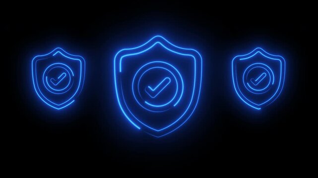 Glowing Neon security shield with check mark icon on black background