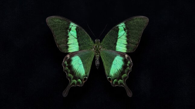 Emerald green butterfly on black background