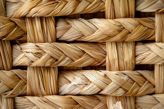 Close up texture of a woven rattan basket pattern, realistic natural wood basketry craft