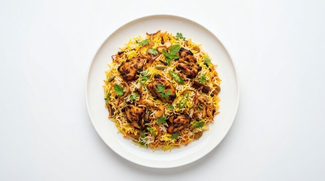 Chicken Biryani Plate Top View Chicken Biryani Served On Elegant White Round Ceramic Plate Isolated On Pure White Background Colorful Saffron Rice And Grilled Chicken Pieces
