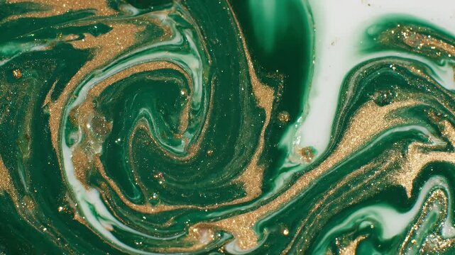 Swirling Emerald Green and Gold Marble-Style Fluid Art Across a White Canvas Background for Dramatic Decorative Imagery