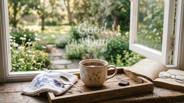 Coffee cup on wooden tray with dessert and garden view outside  