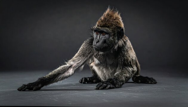 A solitary spider monkey rests on a dark, textured surface.