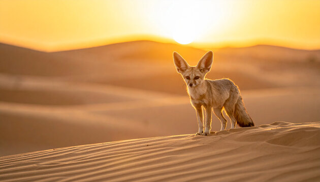 Fennec Fox in Golden Desert: A Fennec fox with large ears stands on rippled sand dunes, bathed in the warm golden light of a desert sunset, showcasing its adaptation to arid environments.