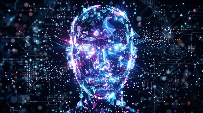 Abstract digital face composed of glowing particles and lines  