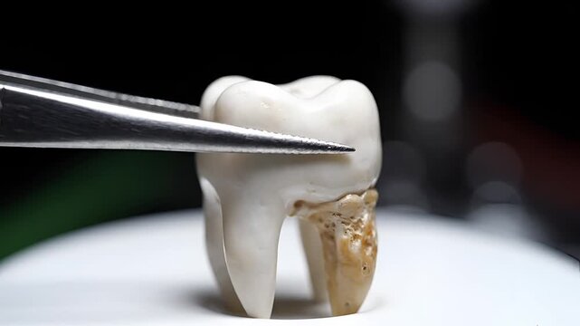 Closeup Macro Shot of Diseased Tooth with Tartar and Plaque Being Examined.