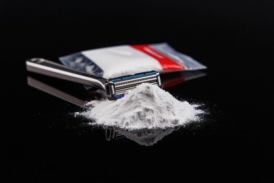 Razor blade lies on white powder pile next to plastic bag with drugs. Object on black reflective surface. Empty space for text. Dangerous habit and addiction concept.