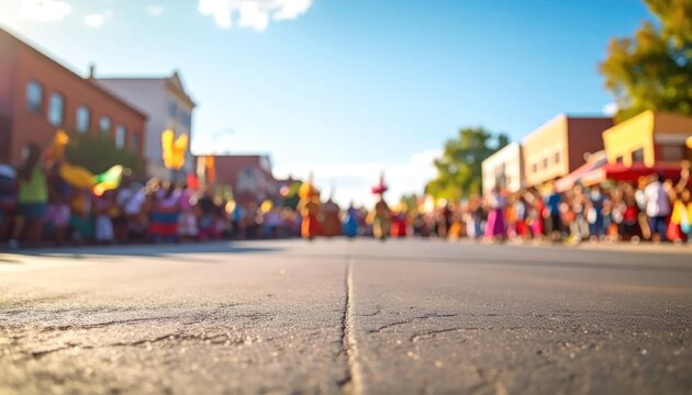 A Vibrant Community Parade Fills a Sunny Small Town Street.