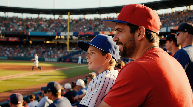 Father and son watch baseball game in stadium seats. Man and boy wear caps, cheer for team. Crowd enjoys sports event together, happy family bonding moment. Summer fun.