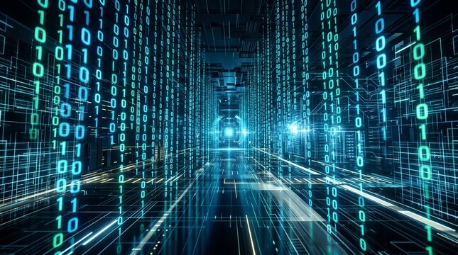 Digital data flow with binary code and illuminated background  