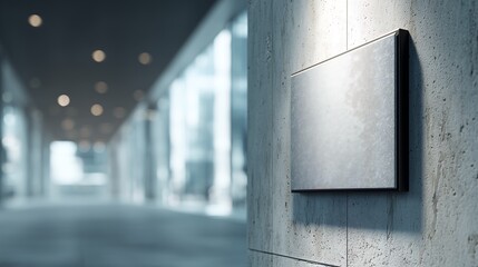 Fototapeta premium Blank rectangular signage panel mockup on a contemporary textured grey wall under soft lighting