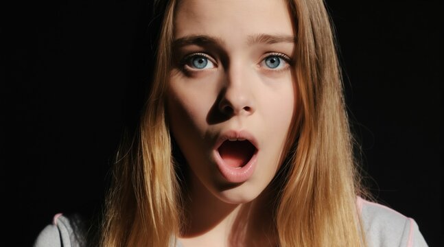 Young girl shows shock amazement with wide open mouth eyes. Surprised female face expresses sudden disbelief wonder or fear in studio portrait.