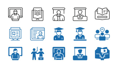 Fototapeta premium Online education icons, people learning on computer, vector graduate and students set.