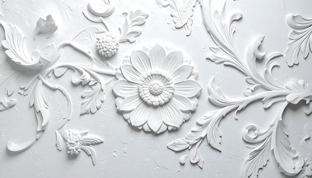 intricate white floral baroque ornament, detailed bas-relief carving, elegant scrolling leaves and flower, plaster or stucco texture, decorative element