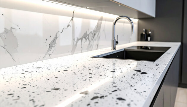 Modern Kitchen Countertop Detail: A close-up shot reveals the intricate details of a sleek, modern kitchen countertop, featuring a stylish marble backsplash and a gleaming chrome faucet.