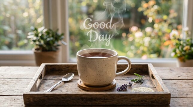 Warm cup of tea on wooden tray with greenery and morning light  