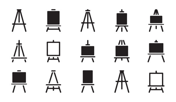 Graphic collection of various artist easel stands and blank canvas boards in black color.