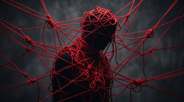 Man entangled in red ropes against dark background  