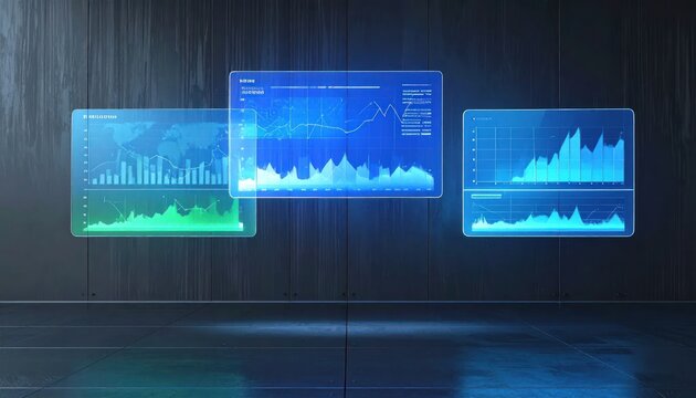 Holographic displays showcase financial data in a futuristic, industrial environment