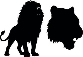 Silhouette illustration featuring lion standing with mane and open mouth alongside tiger head, symbolizing wildlife contrast, strength, and animal diversity themes © ROUNOK