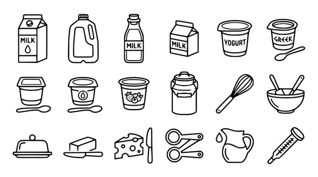 Dairy Products Line Art Icons: Milk, Yogurt, Cheese, Butter, Creamer, Whisk, Bowl