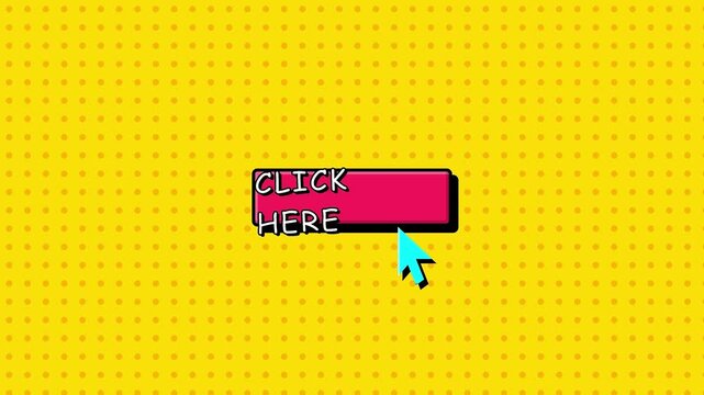 Blue cursor arrow clicking a pink click here button on yellow backdrop