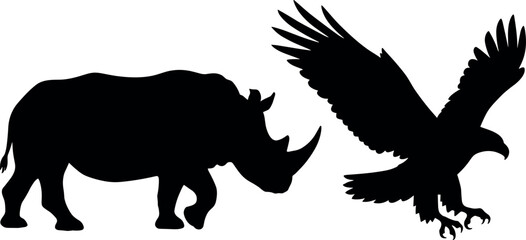Silhouette illustration featuring rhinoceros and eagle in flight, symbolizing wildlife diversity, strength, freedom, animal contrast, and nature exploration themes © ROUNOK