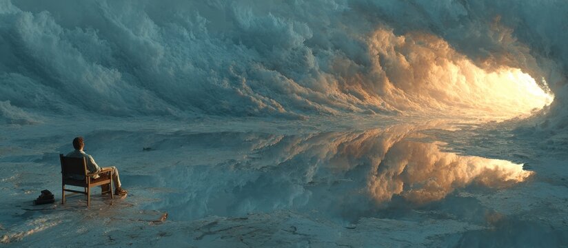 A man in a chair observes a massive, glowing wave