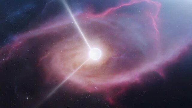 Deep space exploration footage featuring a bright pulsar with light beams. Pink and purple nebula clouds fill the frame. Ideal for science documentaries, educational videos