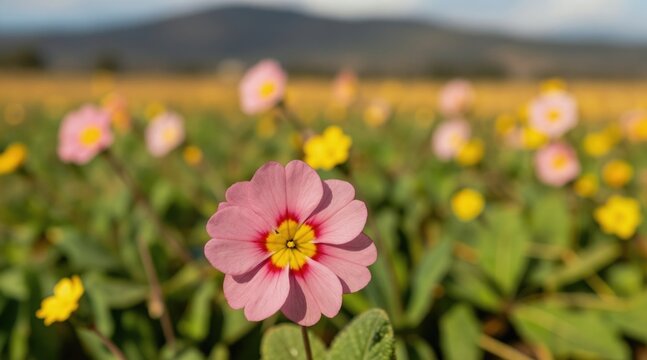 Pink and yellow primroses bloom in a sunny Spanish field. Close-up on delicate petals, green leaves fill the foreground. Blurred background shows more flowers, distant hills under sky.