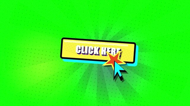 Animated click here button with cursor on green comic background