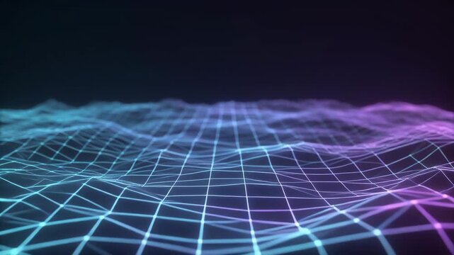 Futuristic digital landscape featuring a glowing neon grid with blue and purple light. Ideal for high-tech presentations, cyber security backgrounds, data visualization