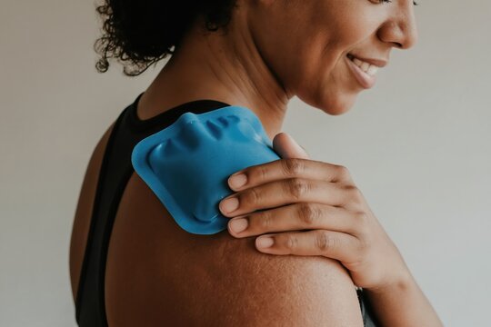 Woman smiles applying cold pack to sore shoulder after workout. She uses ice pack for pain relief and muscle recovery. Post exercise care for fitness and wellness.