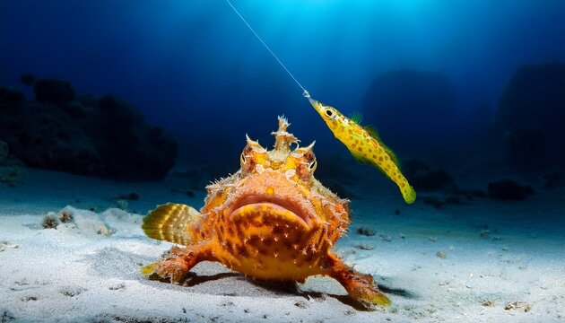 striking striated frogfish on ocean floor with lure extended upward