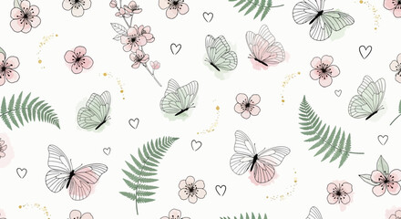 Seamless pattern with butterflies, cherry blossoms and fern leaves © Manimegalaig