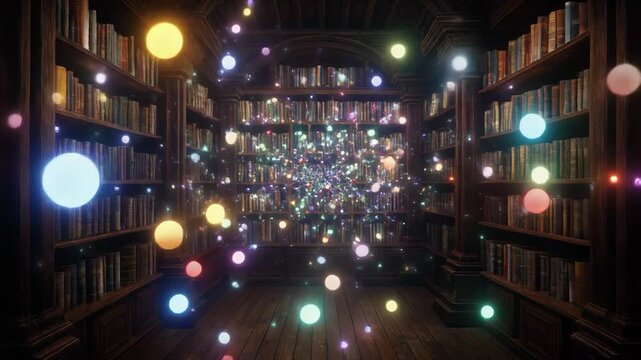 Dark vintage library featuring glowing particles and colorful orbs floating between wooden bookshelves. This magical background is ideal for fantasy storytelling, educational videos