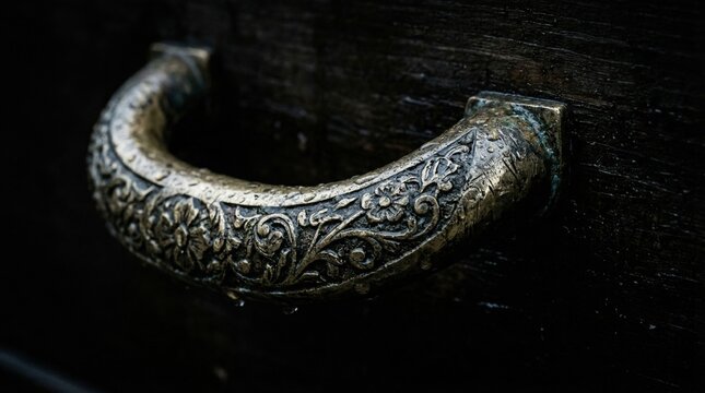 Old ornate brass handle on dark wooden door, intricate floral patterns, water droplets. Funeral and remembrance ceremony.