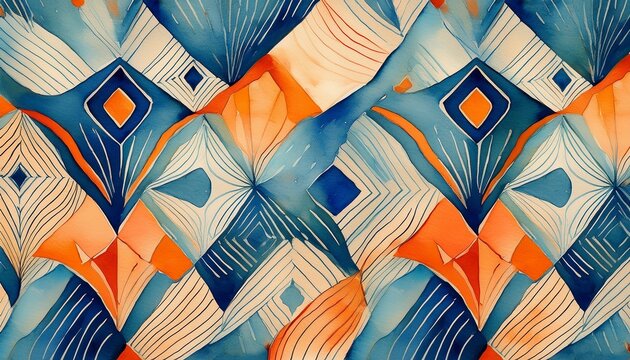 abstract watercolor pattern with blue and orange geometric designs